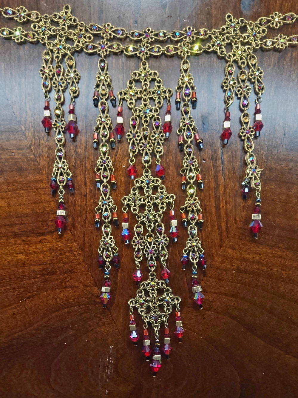 Vintage U&I Red Crystal AB Rhinestone Filigree Statement Bib Necklace